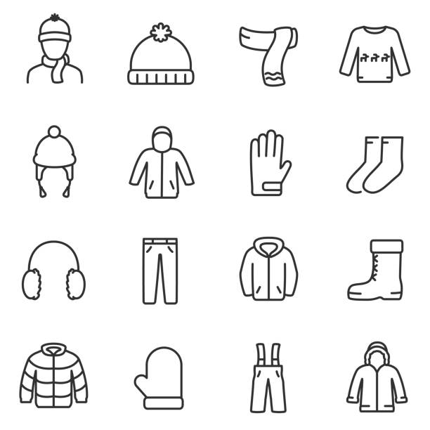 Winter clothes icons set. Line with editable stroke Winter clothes icons set. Jackets, a sweater with deer, gloves and more, linear design. Line with editable stroke winter icons stock illustrations