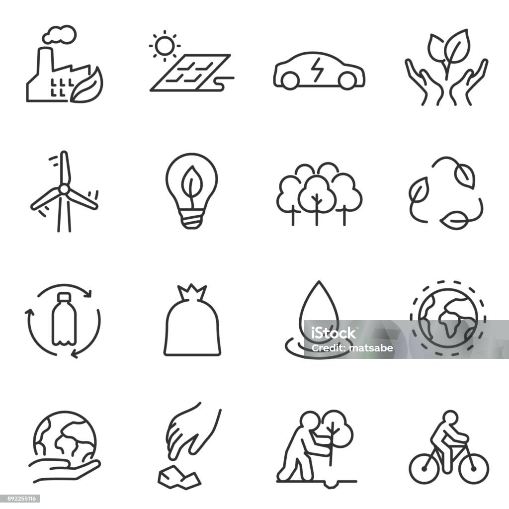 Ökologie-Symbole festgelegt. geradliniges Design. Linie mit editierbaren Schlaganfall - Lizenzfrei Icon Vektorgrafik