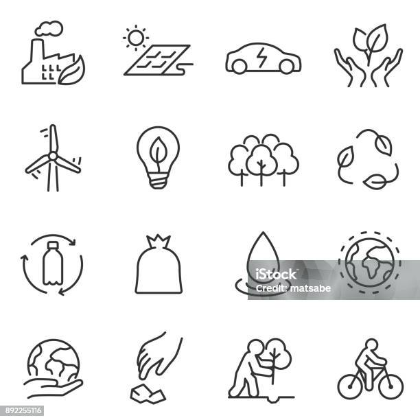 Set Di Icone Ecologia Design Lineare Linea Con Tratto Modificabile - Immagini vettoriali stock e altre immagini di Icona