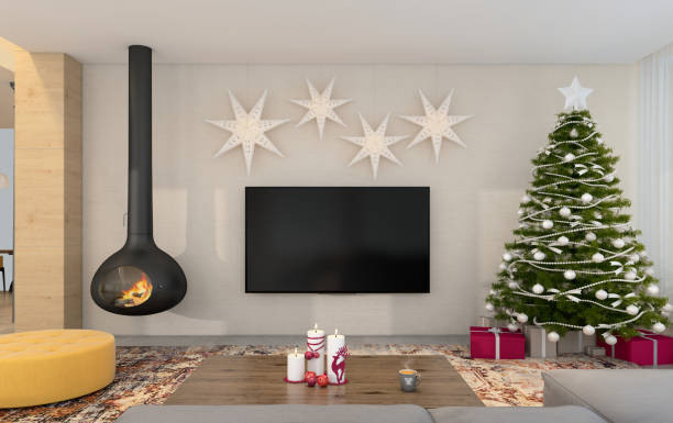 istock Christmas theme decorated apartment interior with TV set 892258482