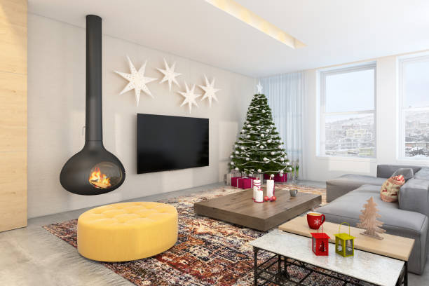 istock Christmas theme decorated apartment interior with TV set 892258500