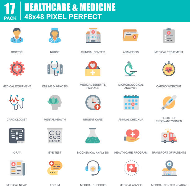 Flat healthcare and medicine, hospital services icons set for website Flat healthcare and medicine, hospital services icons set for website and mobile site and apps. Contains such Icons as Doctor, Nurse. 48x48 Pixel Perfect. Editable Stroke. Vector illustration. anamnesis stock illustrations