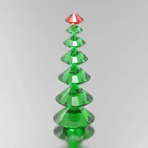 Photo of 3D illustration green diamond christmas tree with a red star