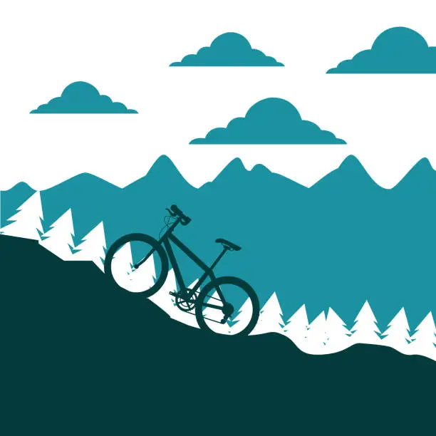 Vector illustration of mountain bike ascending silhouette landscape