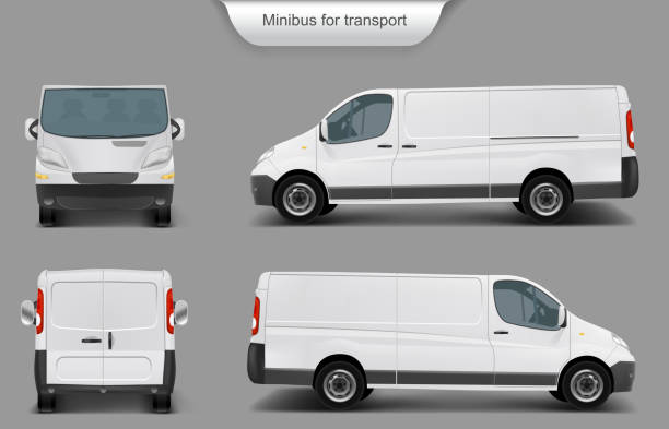 White minivan front, back, side view Vector realistic white delivery minivan, city minibus front, back, side view, with shadow, isolated on gray background. Template, mock up of a minivan for brand design, corporate transport drawing shadows stock illustrations