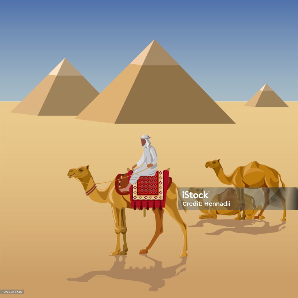 Camelcade and pyramids Camelcade in desert with egyptian pyramids. Vector illustration Camel stock vector