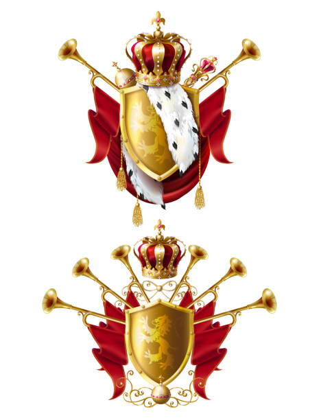 Royal golden crowns, fanfares, scepter and orb Royal golden crowns with jewels, fanfares, scepter, orb and coat of arms with red velvet and ermine fur, set vector realistic icons isolated on white background. Heraldic elements, monarchic symbols sceptre stock illustrations