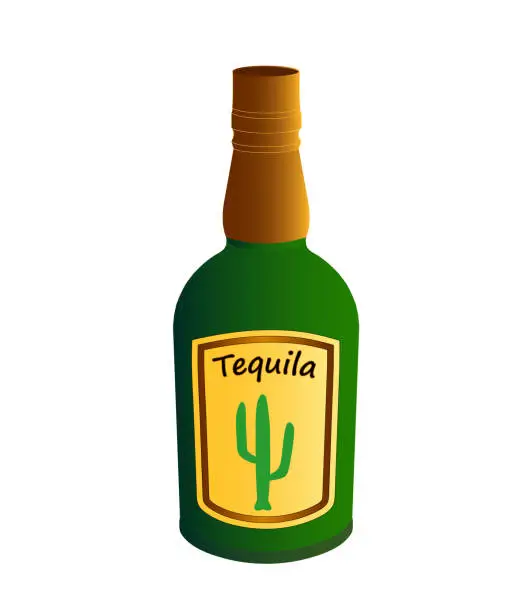 Vector illustration of A bottle of Mexican alcoholic beverage tequila. The shape of the bottle and the label are invented.