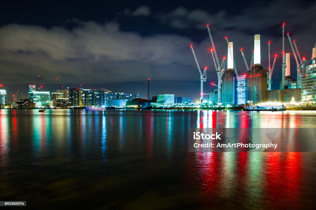 London England Battersea Power Station Thames river at night London England Battersea Power Station Stock Photo