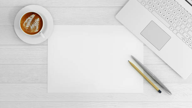 Knolling view, white blank paper on a desk template