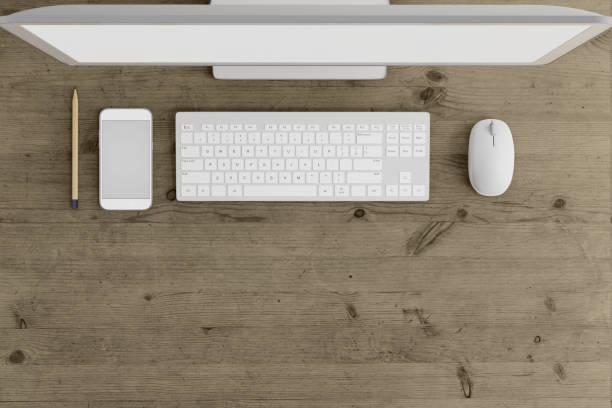 istock Knolling business desk view with computer equipment 892301058