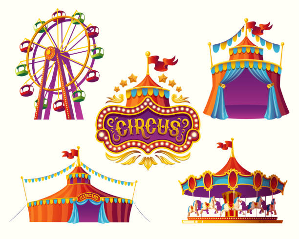 Carnival circus icons with a tent, carousels, flags. Set of vector illustrations of carnival circus icons with tent, carousels, flags isolated on white background.Print, design element. building entrance illustrations stock illustrations