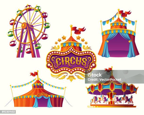 Carnival Circus Icons With A Tent Carousels Flags Stock Illustration - Download Image Now