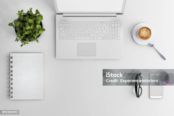 Knolling Business Desk View With Laptop Stock Photo - Download Image Now - Desk, Office, Sparse