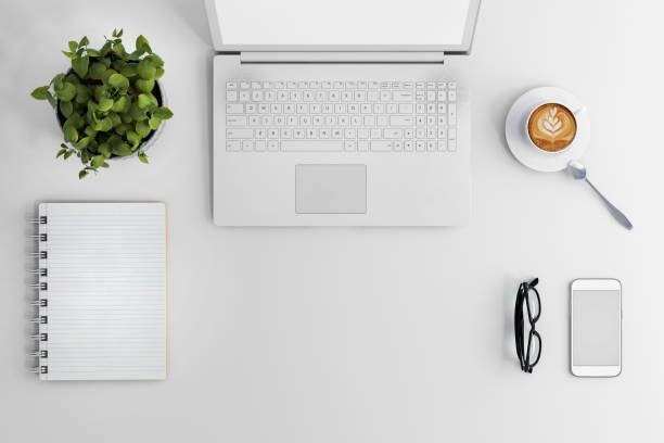 knolling business desk view with laptop - mouse pad imagens e fotografias de stock