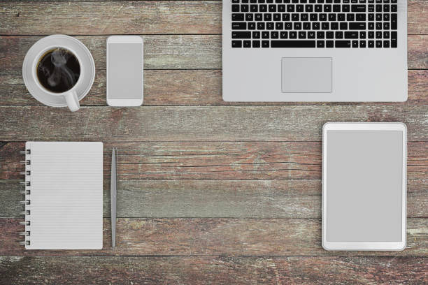 istock Knolling business desk view with computer equipment 892302112