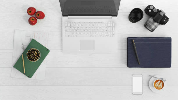 istock Knolling business desk view with laptop 892302464