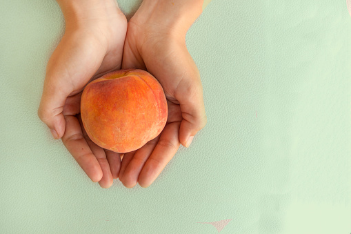 Ripe juicy peach in the woman's hands on the grey table. Space for text.