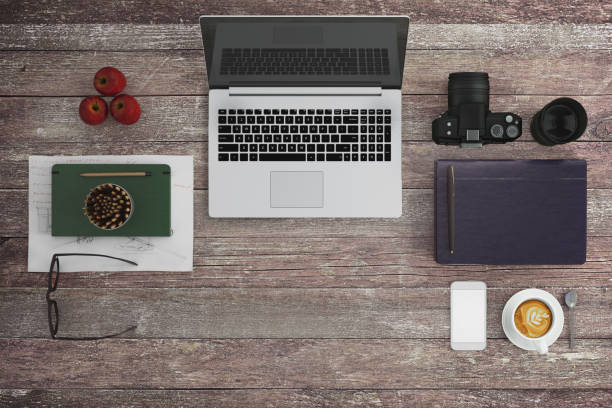 istock Knolling business desk view with laptop 892303040