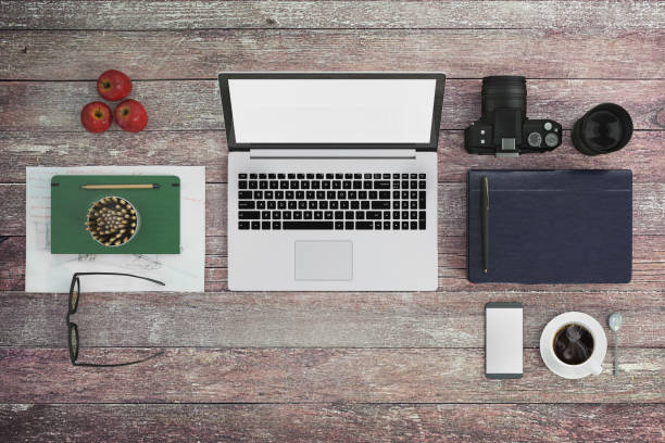 istock Knolling business desk view with laptop 892303056