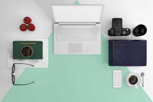 istock Knolling business desk view with laptop 892303076