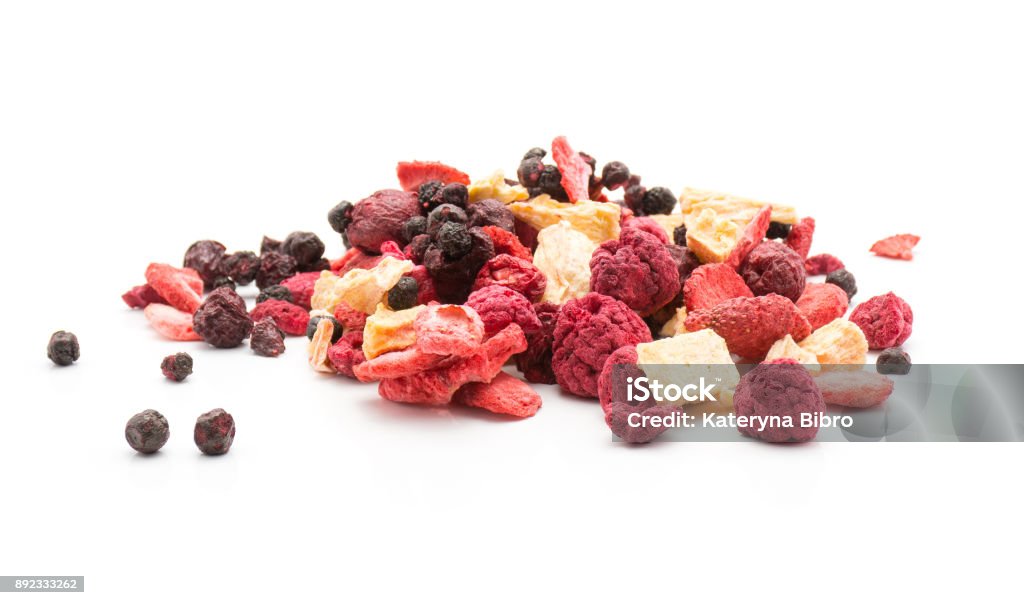 Dried berries isolated Freeze dried berries mix stack isolated on white background"n Frozen Stock Photo