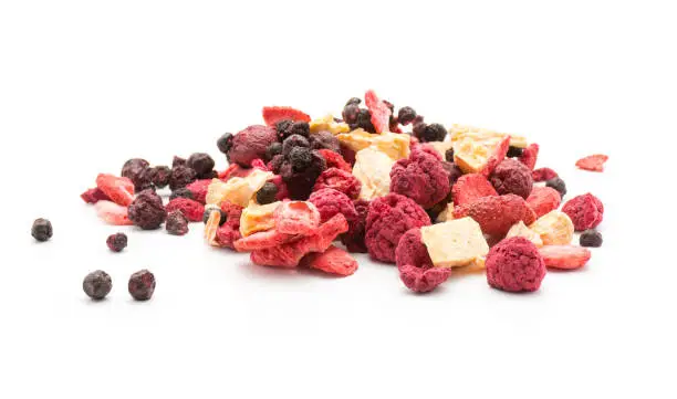 Freeze dried berries mix stack isolated on white background"n