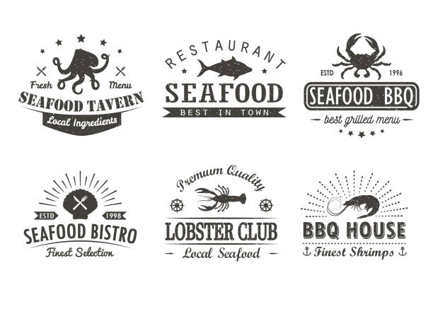 ilustrações, clipart, desenhos animados e ícones de conjunto de vindima, frutos do mar, churrasco, grelha modelos de logotipo, emblemas e elementos de design. coleção de logotipos para loja de frutos do mar, café, restaurante. ilustração em vetor. - caranguejo marisco