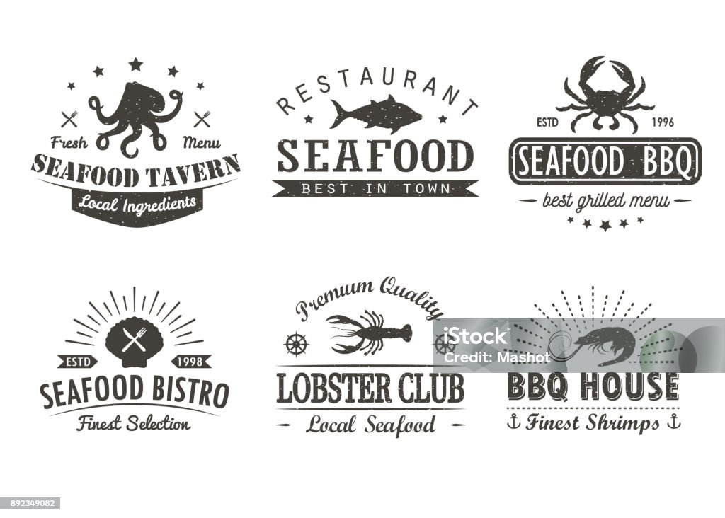 Set of vintage seafood, barbecue, grill logo templates, badges and design elements. Logotypes collection for seafood shop, cafe, restaurant. Vector illustration. Set of vintage seafood, barbecue, grill logo templates, badges and design elements. Logotypes collection for seafood shop, cafe, restaurant. Vector illustration. Hipster and retro style. Logo stock vector