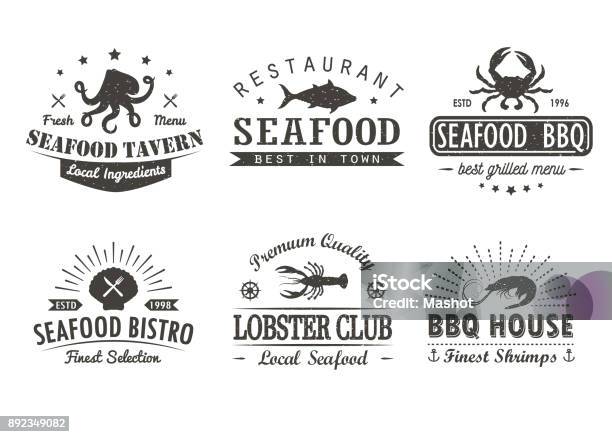 Set Of Vintage Seafood Barbecue Grill Logo Templates Badges And Design Elements Logotypes Collection For Seafood Shop Cafe Restaurant Vector Illustration Stock Illustration - Download Image Now