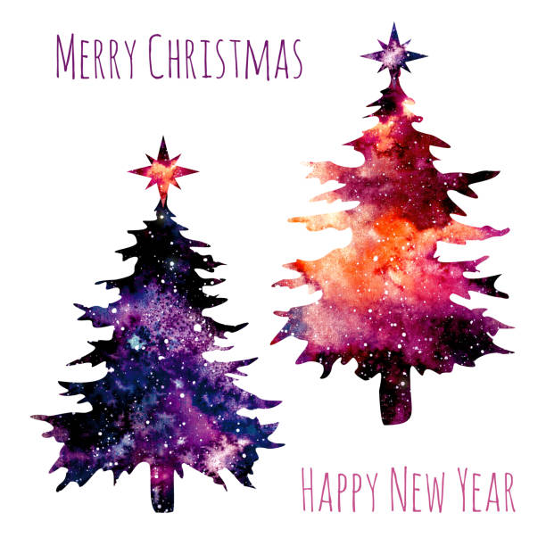 istock Christmas Card with Watercolor Fir and Vivid Galaxy 892349260
