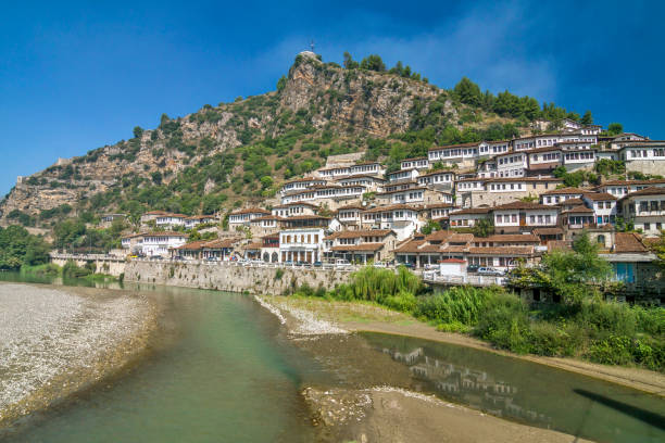 Traditional ottoman houses in Berat, Albania Albania - Berat - Traditional ottoman houses in Berat old town (called mangalem district) of berat, listed as UNESCO world heritage site, along with river Osum bank berat stock pictures, royalty-free photos & images