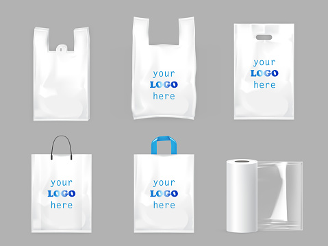 White plastic shopping bags, disposable T-shirt bag packaging and roll of food packaging film, set vector realistic illustrations isolated on gray background. Mock up, template ready for brand design