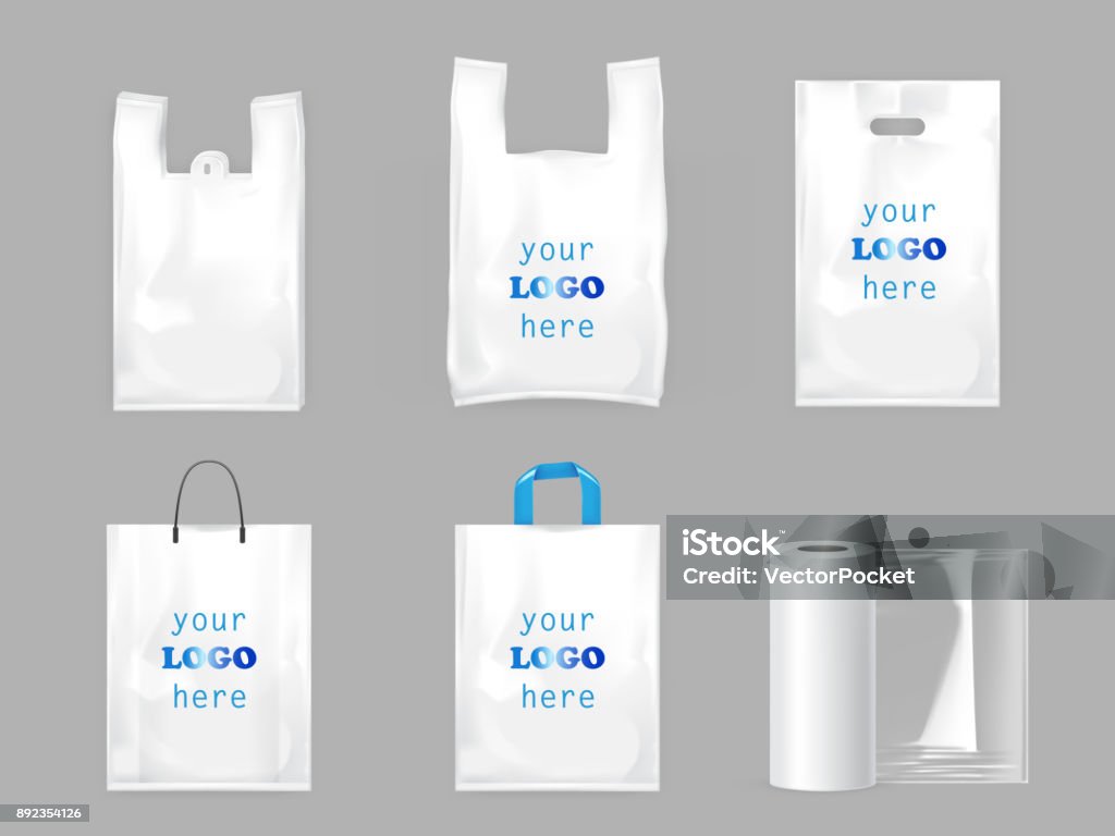 White plastic shopping bags White plastic shopping bags, disposable T-shirt bag packaging and roll of food packaging film, set vector realistic illustrations isolated on gray background. Mock up, template ready for brand design Plastic Bag stock vector