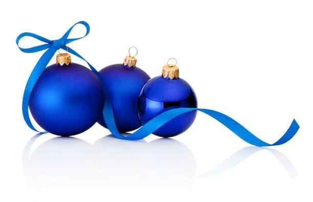istock Three blue Christmas baubles Isolated on white background 892354130
