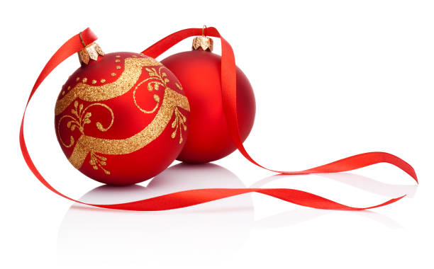 istock Two red Christmas decoration bauble with ribbon isolated on white background 892354172