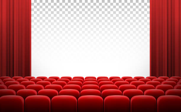 White cinema theatre screen with red curtains and chairs White transparent cinema movie theatre screen with red curtains and rows of chairs, realistic vector illustration, background. Concept movie premiere, poster with interior of cinema and space for text stage theater illustrations stock illustrations