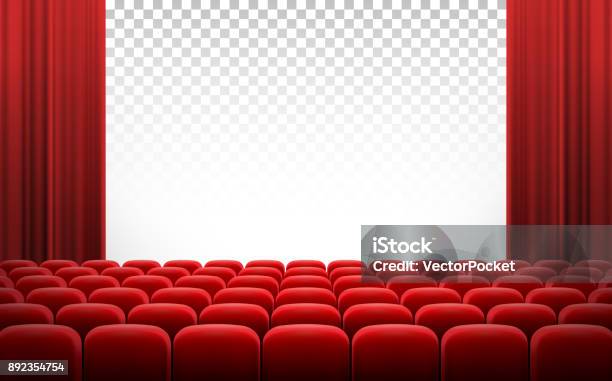 White Cinema Theatre Screen With Red Curtains And Chairs Stock Illustration - Download Image Now