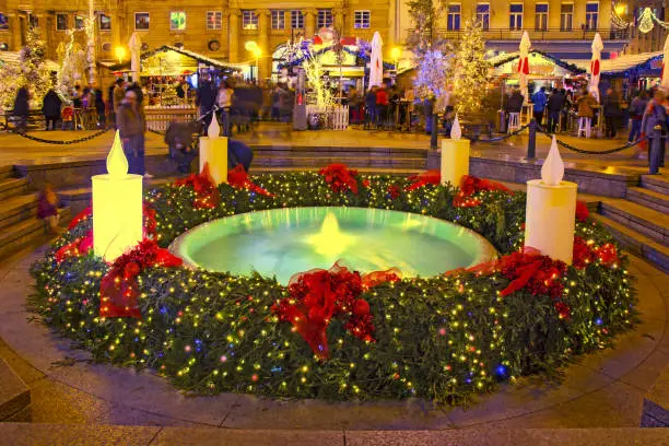 Mandusevac fountain on Ban Jelacic square decorated with advent wreath as part of "Advent in Zagreb"