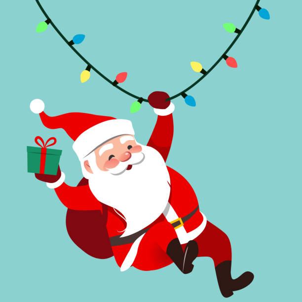 ilustrações de stock, clip art, desenhos animados e ícones de vector cartoon illustration of cute traditional santa claus character swinging on a string of rope chrismas lights, wrapped gift in hand, isolated on aqua blue. christmas winter holiday design element - pai natal