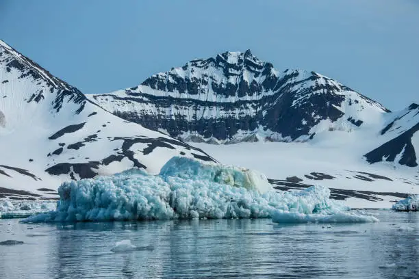 'Blue iceberg floating in the Hornsund Spitzbergen. Blue ice is very old ice, which was under pressure by the glacier. The cloudy, fogy weather is typical for the north and the light show the wide spectrum of the blue colors.'