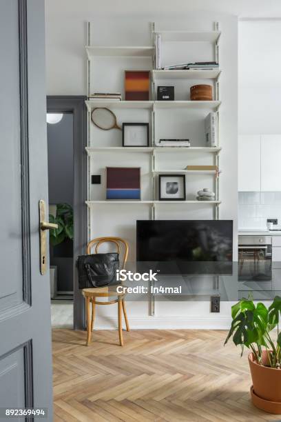 Tv Screen And Shelves Stock Photo - Download Image Now - Apartment, Herringbone, Architecture