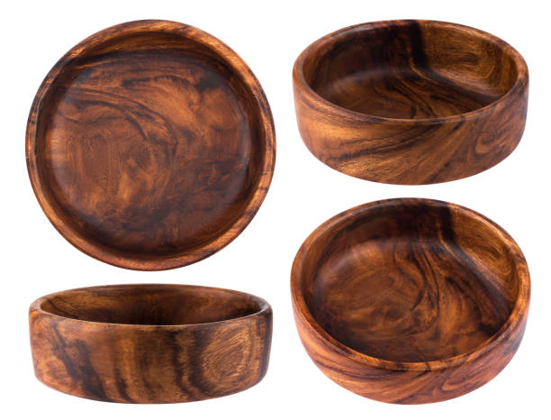 istock Collection of empty wooden bowls isolated on white background 892372714