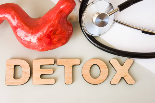 Stomach detox concept photo. Word detox of volumetric letters is near 3D stomach model and medical stethoscope. Medical diet program for detoxification and cleanse of gastric for women and men foto de concepto de desintoxicación de estómago. desintoxicación de la palabra de letras volumétricas es cerca de modelo 3d del estómago y un estetoscopio médico. dieta médica programa para desintoxicación y limpieza de gástrico para hombres y mujeres