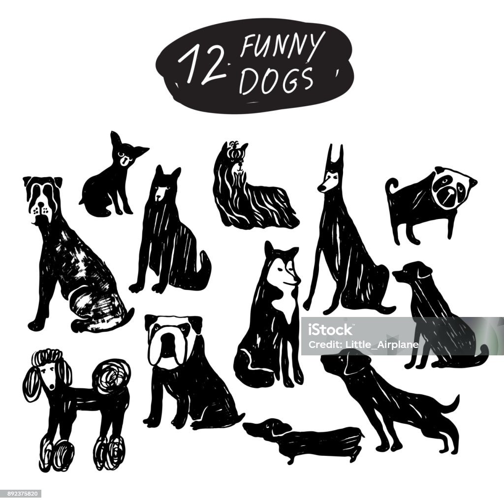 Vector dog icon set: terrier, shepherd, labrador, bulldog, pug, husky, poodle, doberman, dachshund. Black and white isolated icons for polygraphy, web design, logo, app, UI. Dog stock vector