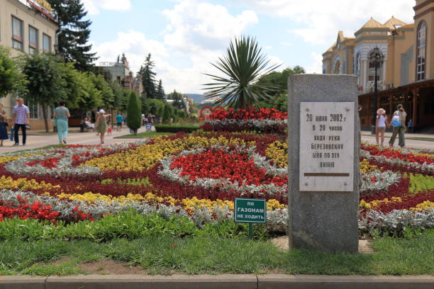 kamień na bulwarze kurortnym w kisłowoślówku ze znakiem powodziowym. rosja - image created 2000s image date summer lawn zdjęcia i obrazy z banku zdjęć