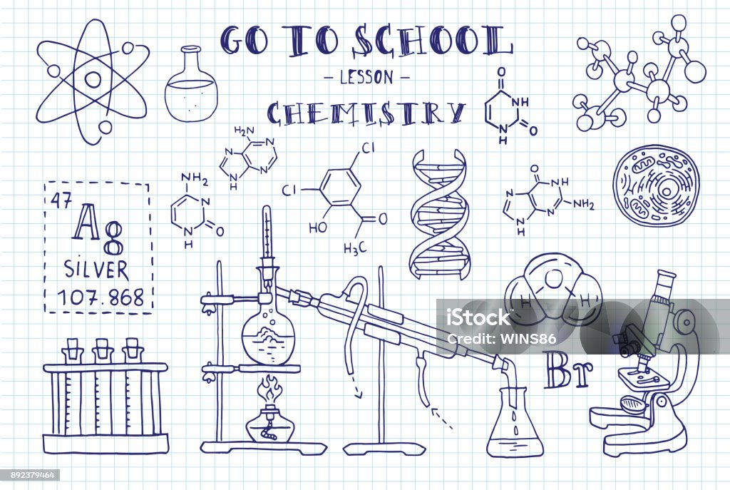Chemistry. Hand sketches on the theme of Chemistry. Note book page paper. Vector illustration. Chemistry stock vector