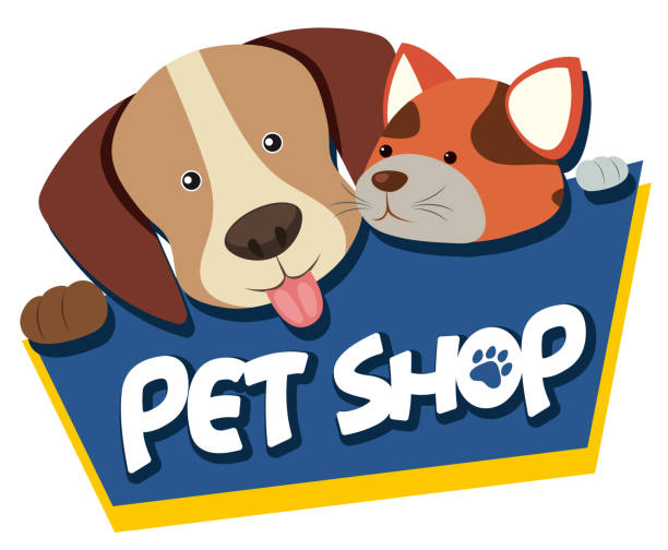 tierhandlung schild mit niedlichen hund und katze - tierhandlung stock-grafiken, -clipart, -cartoons und -symbole