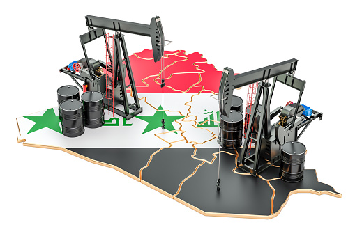 Mapa iraquí con barriles de petróleo y balancines. Concepto de producción de aceite. Render 3D photo