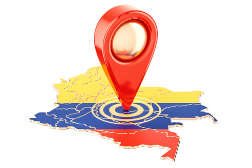 Map pointer on the map of Colombia, 3D rendering isolated on white background